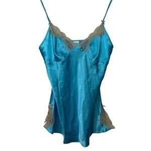 No Boundaries Top Y2K Satin Lace Tank Sleepwear Cami Size Large Blue Beige Bows‎